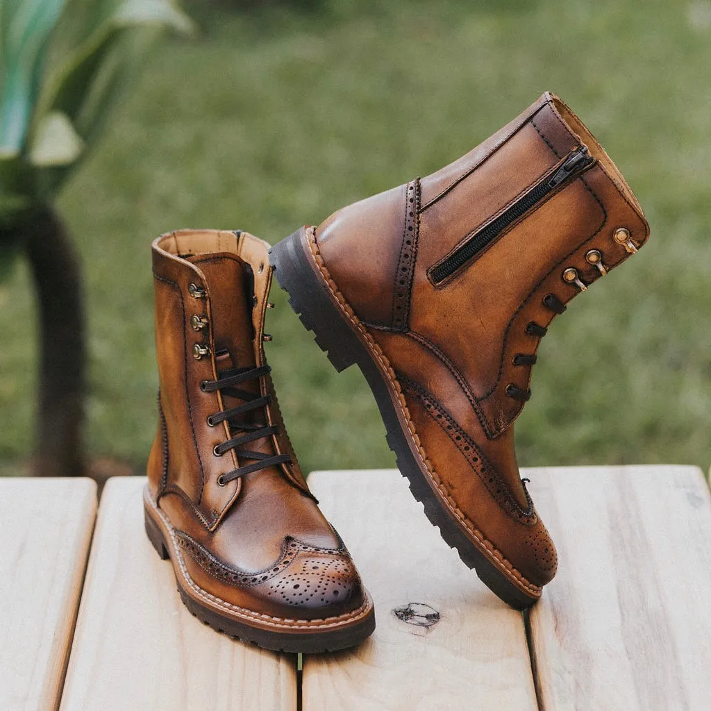 Gaia Lace-up Brogue Boots - Cognac Leather