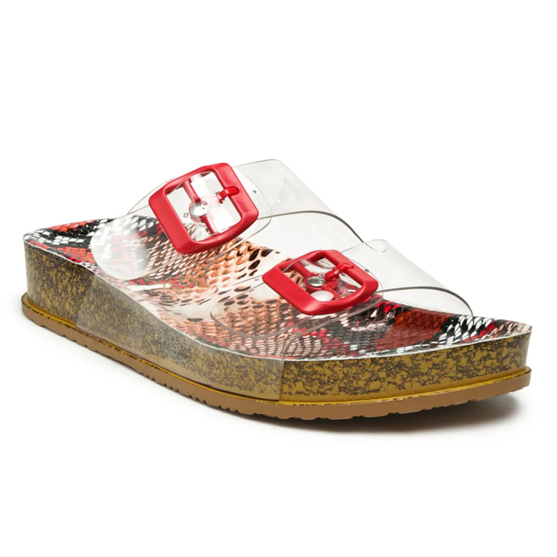 Gelato Buckled Strap Transparent Platform Slides in Red