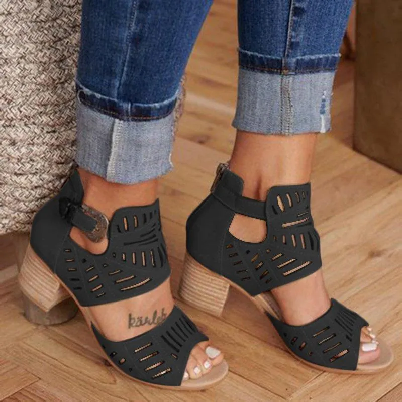 Gladiator Flock Buckle Strap Heeled Sandal