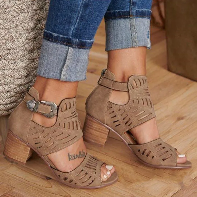 Gladiator Flock Buckle Strap Heeled Sandal