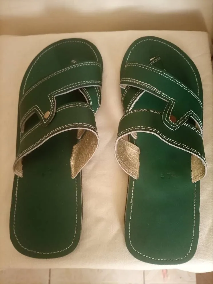 Green leather masai maasai masaai handmade men sandals slippers  with free shipping