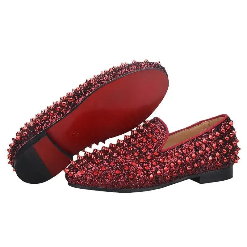 Kids Loafers Bold Spikes: Handmade Red Kids Loafers Shoes