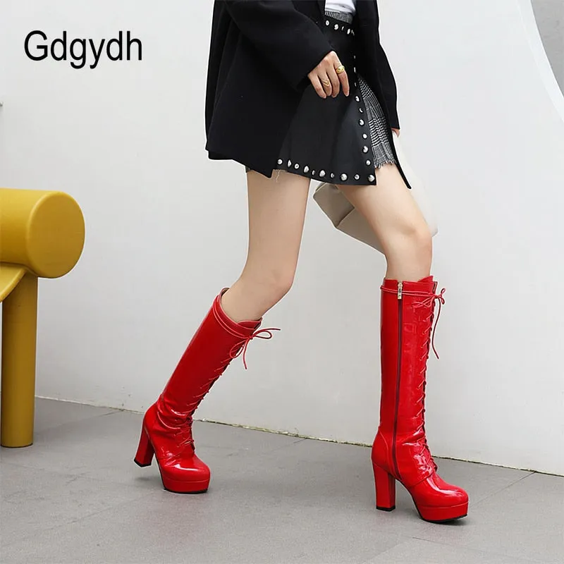 Lace-Up Knee-High Boots with Round Toe