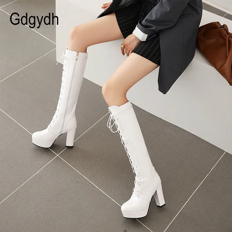 Lace-Up Knee-High Boots with Round Toe