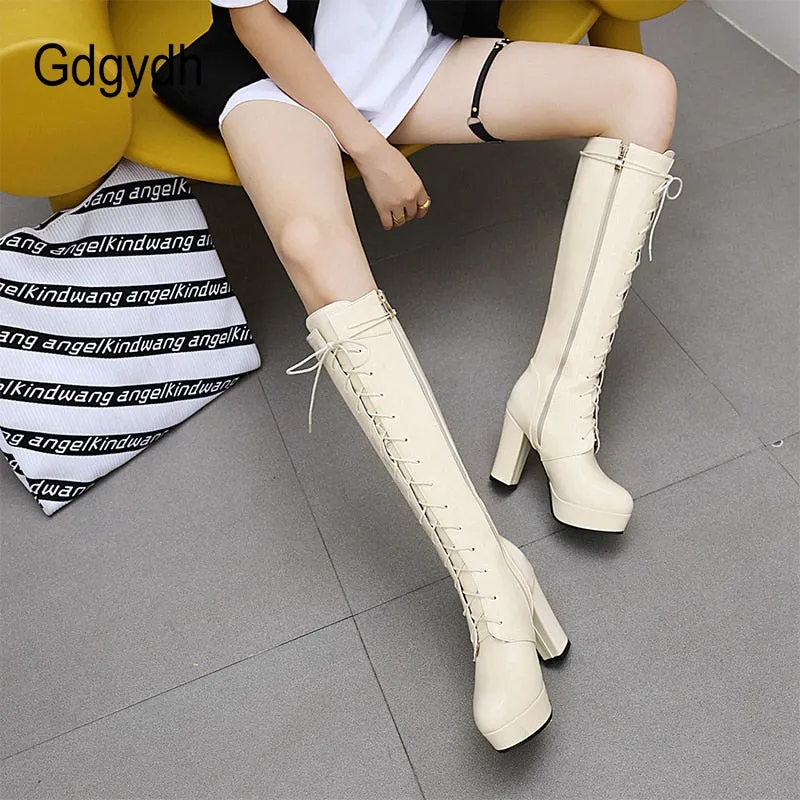 Lace-Up Knee-High Boots with Round Toe