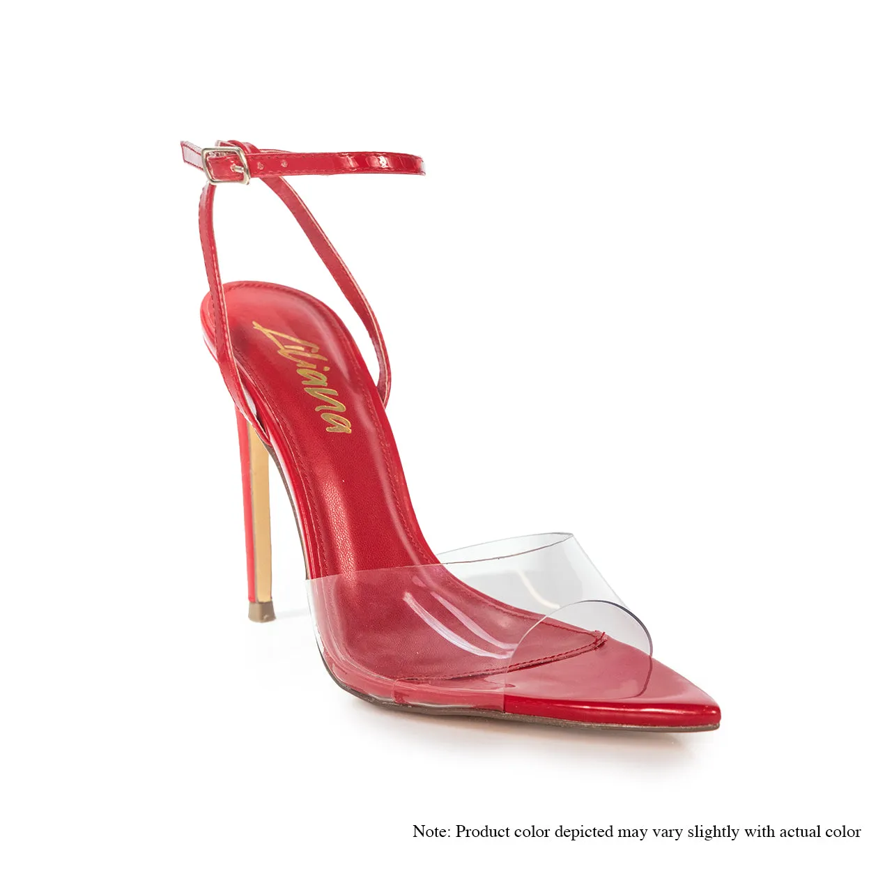 LAURENT-119 PEEP TOE HEEL W/ CLEAR UPPER & ANKLE STRAP-RED