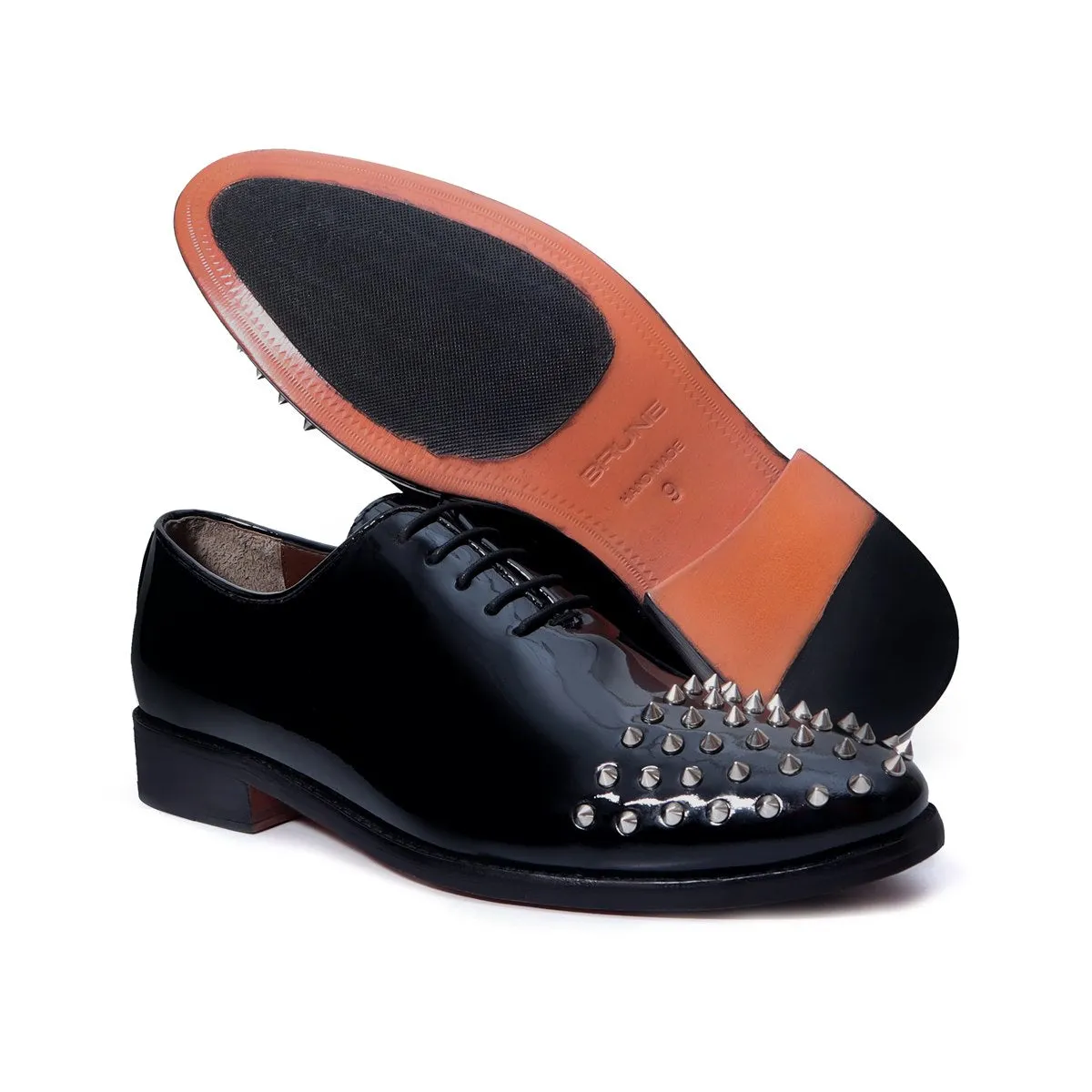 Men's Black Patent Leather Shoes with Studded Toe by Brune & Bareskin