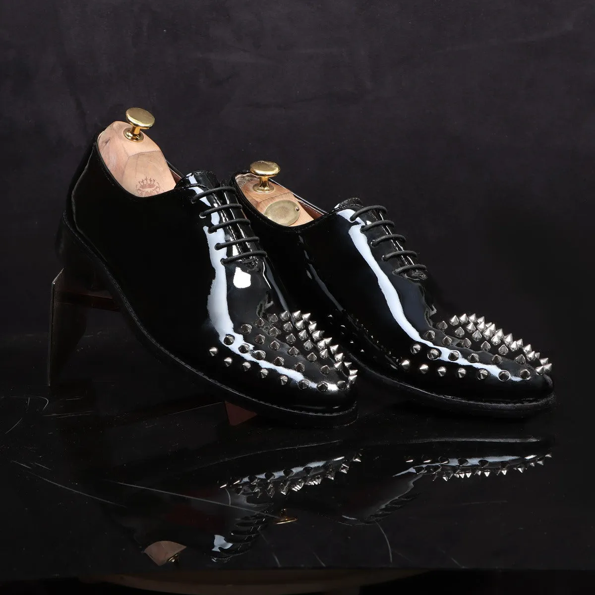 Men's Black Patent Leather Shoes with Studded Toe by Brune & Bareskin