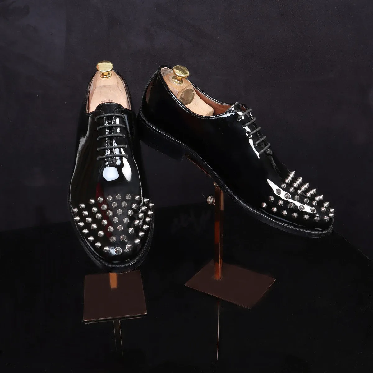 Men's Black Patent Leather Shoes with Studded Toe by Brune & Bareskin