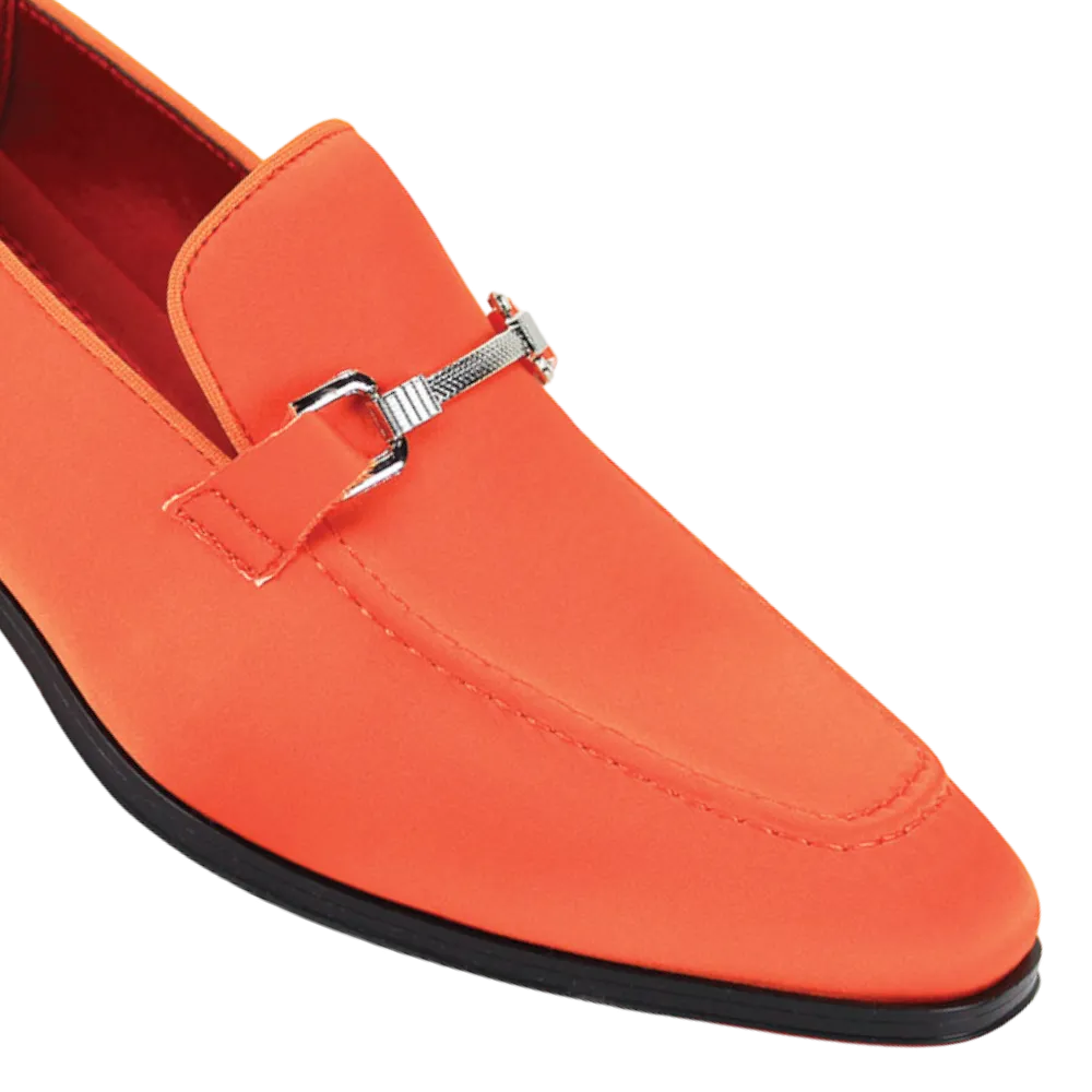 Men's Orange Formal Satin Material Slip-On Loafer Dress Shoes Sliver Buckle