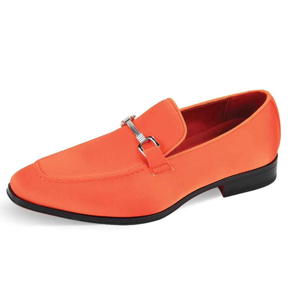 Men's Orange Formal Satin Material Slip-On Loafer Dress Shoes Sliver Buckle