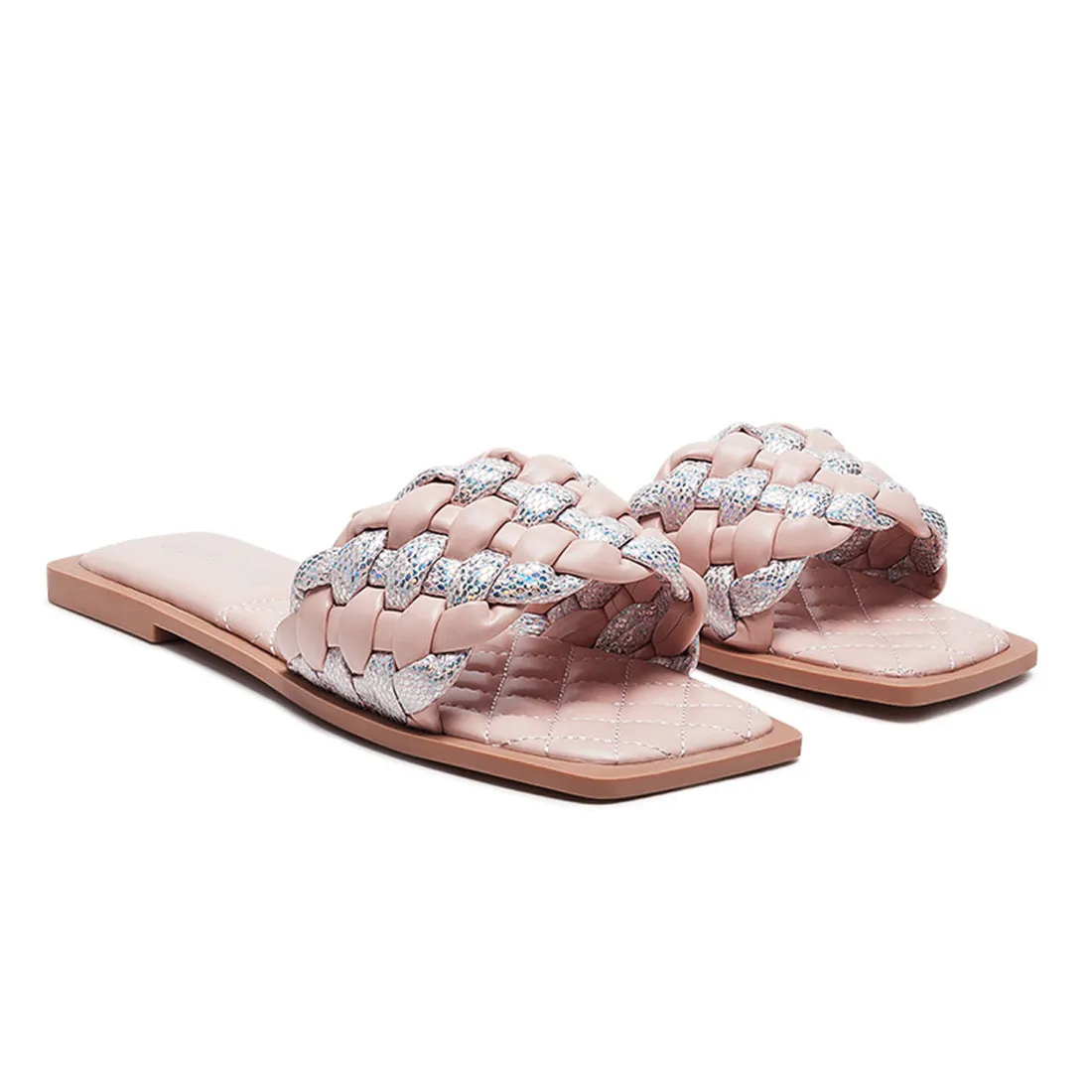 Metallic Woven Strap Flats in Pink