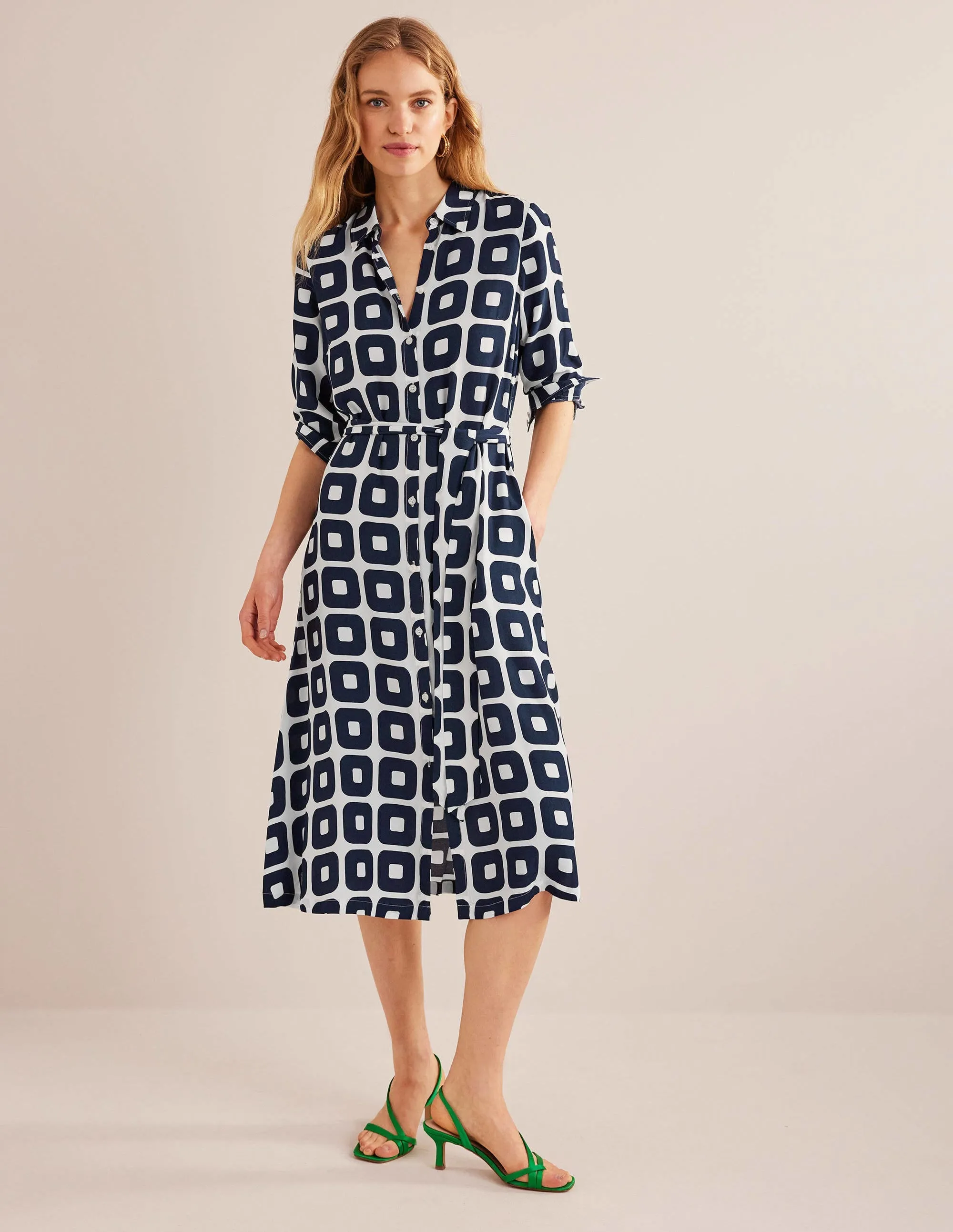 Printed Midi Shirt Dress-French Navy, Cube Small