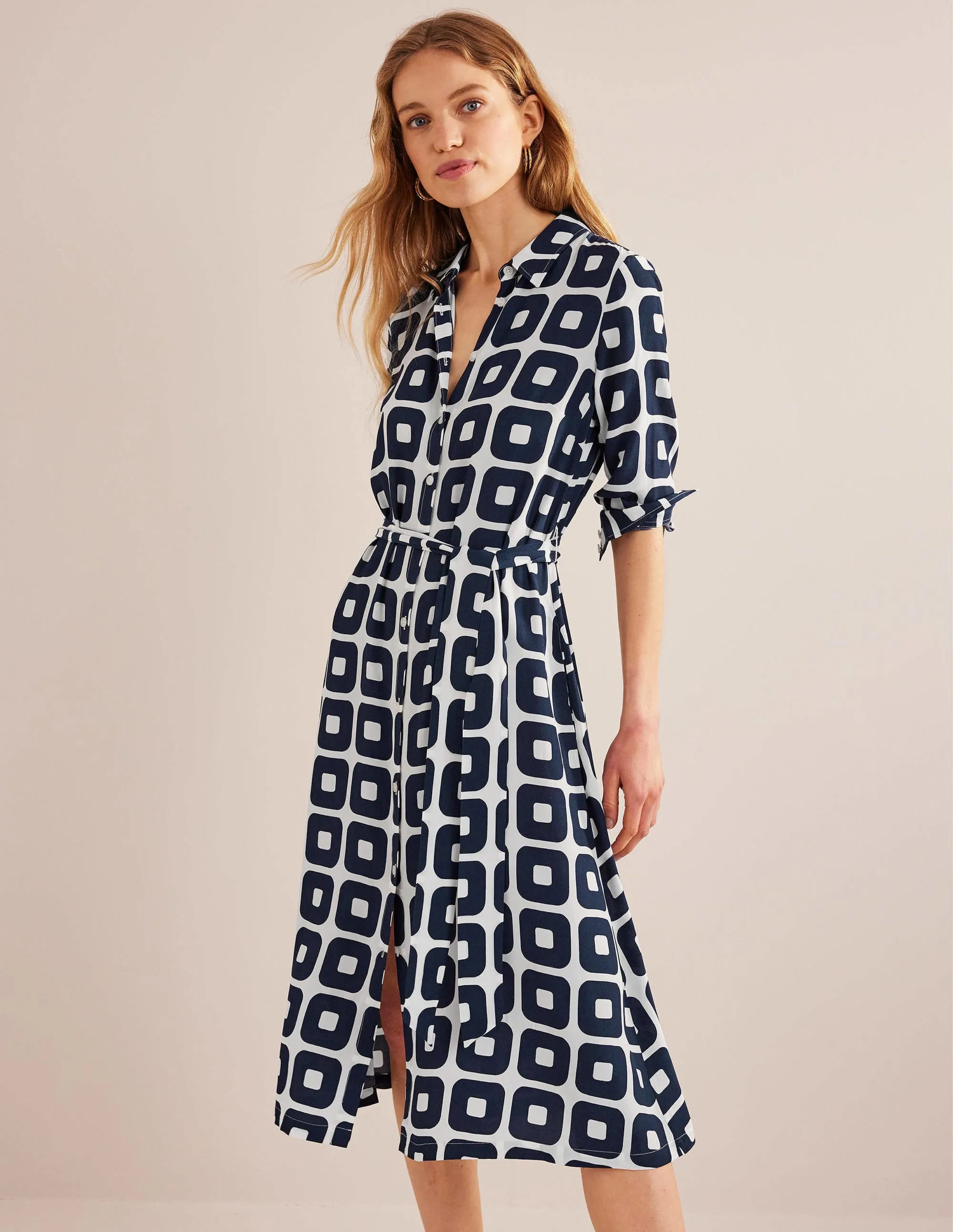 Printed Midi Shirt Dress-French Navy, Cube Small