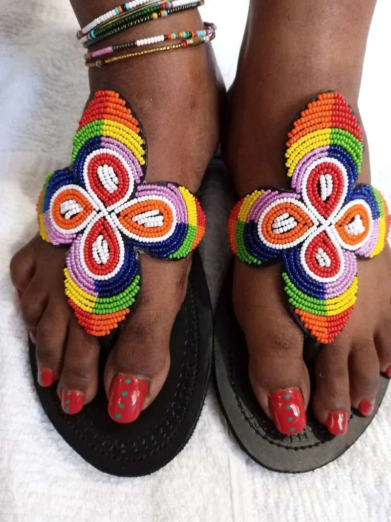 Rainbow colors flip flop slid in beaded handmade maasai masaai masai sandals with free shipping