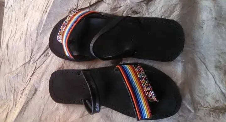 Rainbow colors stripped leather masai masaai maasai ladies slippers sandals with free shipping world wide