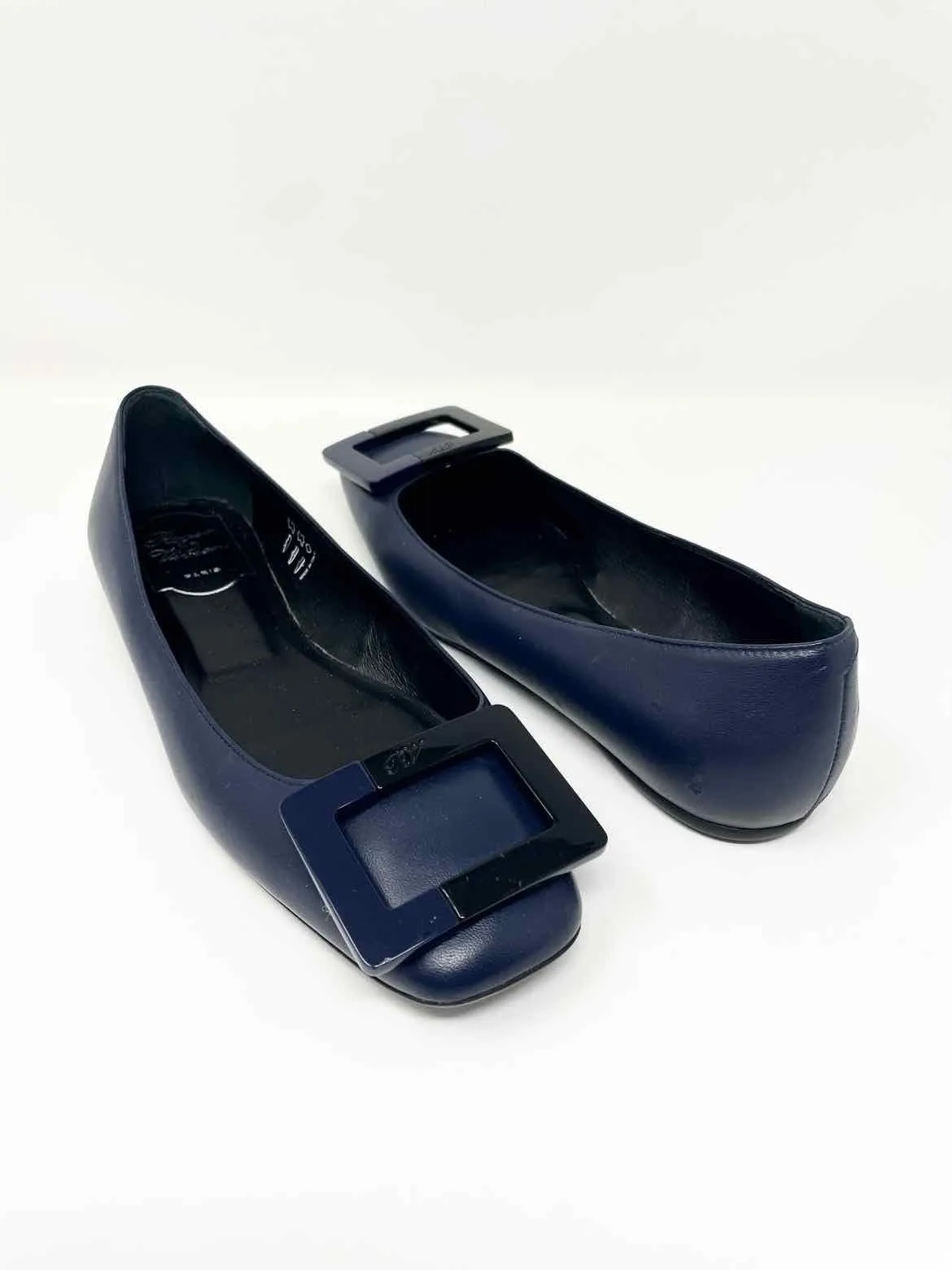 Roger Vivier Women's Navy Square toe Leather Buckle Italy Size 35/5 Flats