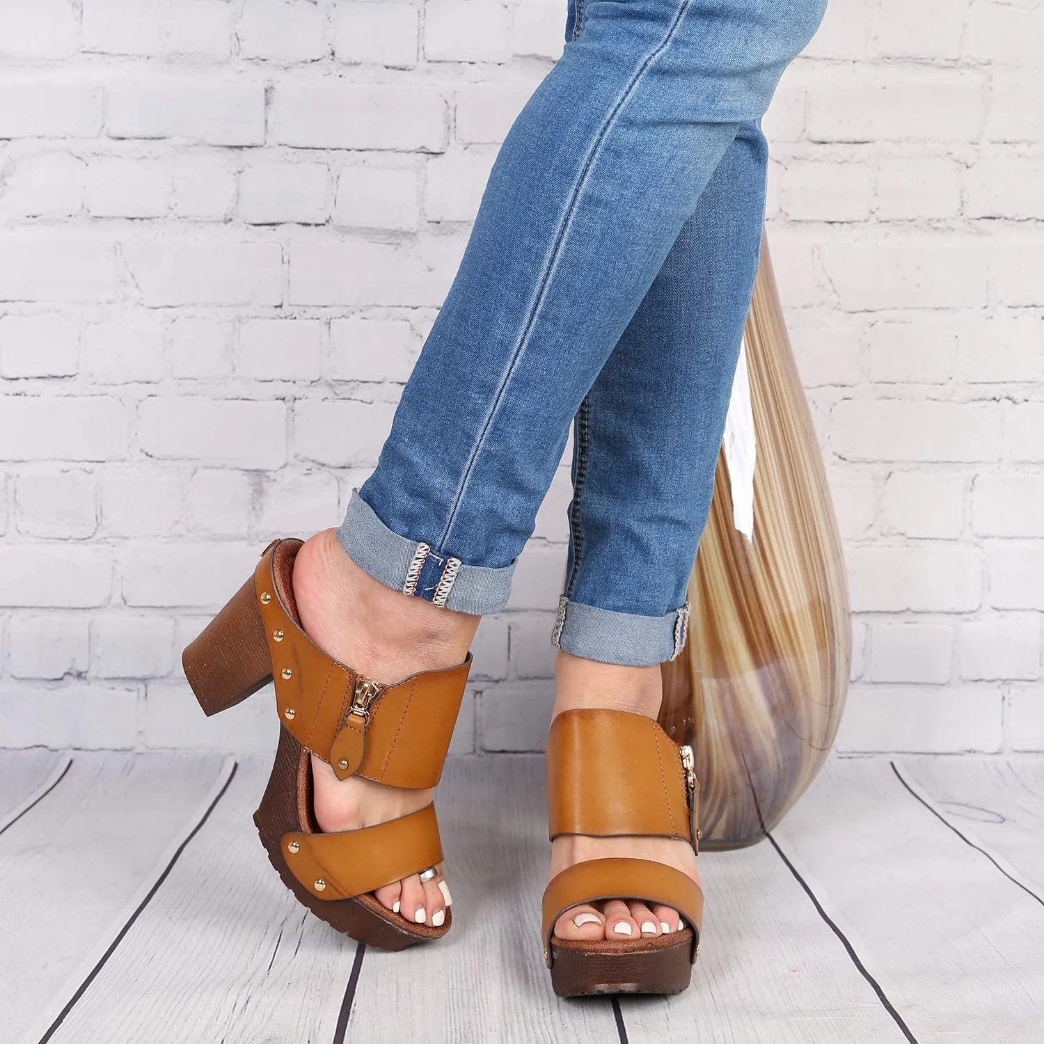 Slip On Tan PU Chunky Heel Peep Toe Mule Sandals