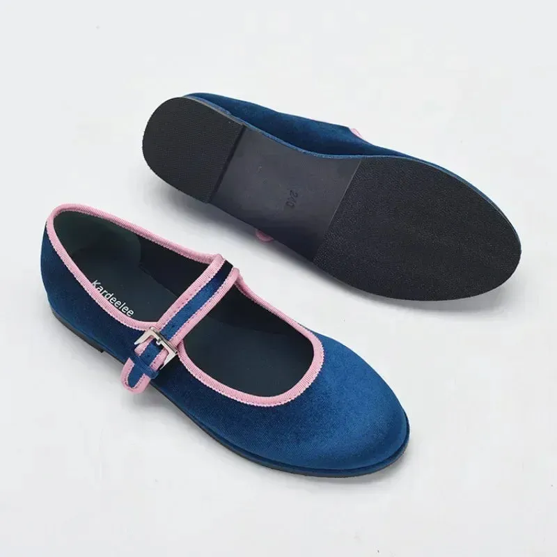 Sohiwoo 2024 New Spring Autumn Korea Flats Round Toe Women's Shoes Pink Edge Blue Velvet Flats Fashion Mary Jane Shoes Women Shoes