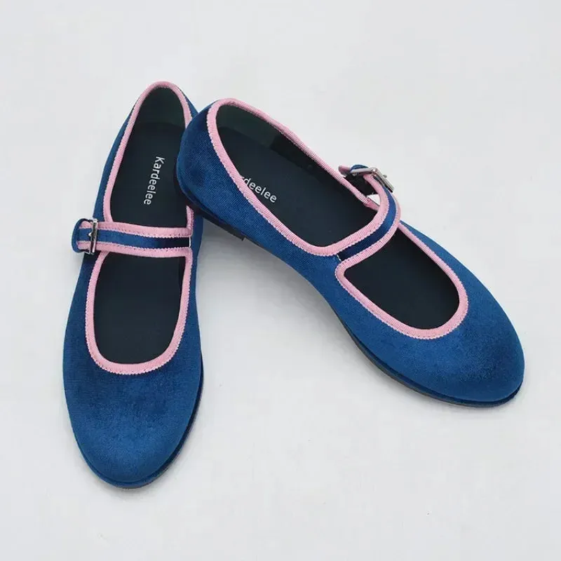 Sohiwoo 2024 New Spring Autumn Korea Flats Round Toe Women's Shoes Pink Edge Blue Velvet Flats Fashion Mary Jane Shoes Women Shoes