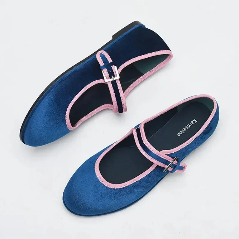 Sohiwoo 2024 New Spring Autumn Korea Flats Round Toe Women's Shoes Pink Edge Blue Velvet Flats Fashion Mary Jane Shoes Women Shoes