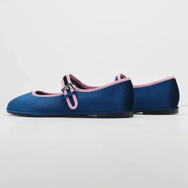 Sohiwoo 2024 New Spring Autumn Korea Flats Round Toe Women's Shoes Pink Edge Blue Velvet Flats Fashion Mary Jane Shoes Women Shoes