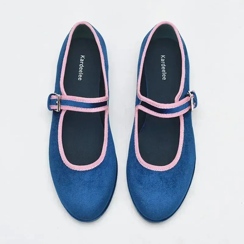 Sohiwoo 2024 New Spring Autumn Korea Flats Round Toe Women's Shoes Pink Edge Blue Velvet Flats Fashion Mary Jane Shoes Women Shoes