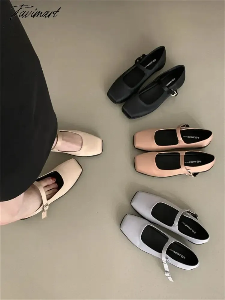 TAVIMART -  French Style Women Vintage Flats Silk Button Square Toe Mary Janes Casual Shoes  Comfort Loafers Shoes 2024 Ballerina Flats