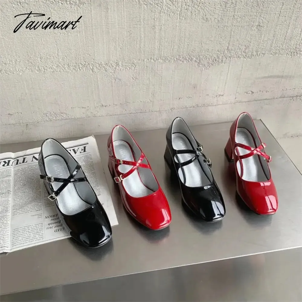 TAVIMART -  New Spring Korea Flats Fashion Mary Jane Shoes Square Toe Women's Shoes Retro PU Red Black Women Pumps