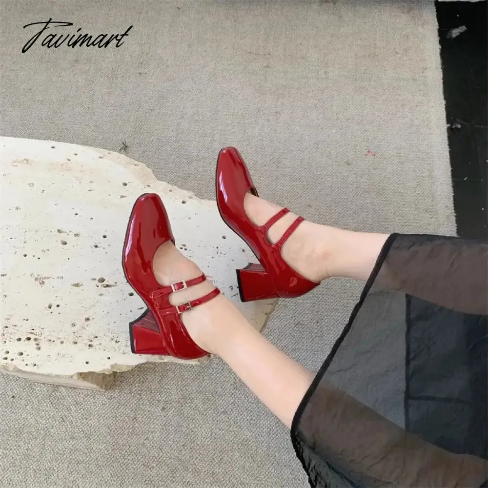 TAVIMART -  New Spring Korea Flats Fashion Mary Jane Shoes Square Toe Women's Shoes Retro PU Red Black Women Pumps