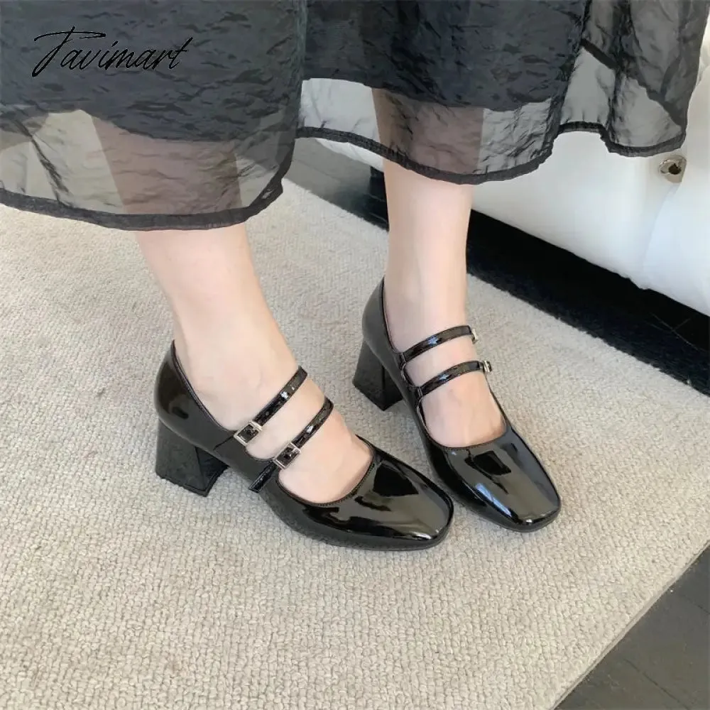 TAVIMART -  New Spring Korea Flats Fashion Mary Jane Shoes Square Toe Women's Shoes Retro PU Red Black Women Pumps