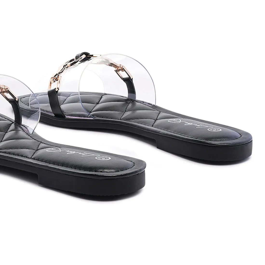 Transparent Buckled Quilted Slides in Black