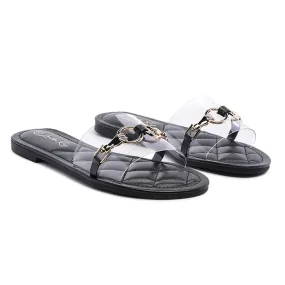 Transparent Buckled Quilted Slides in Black