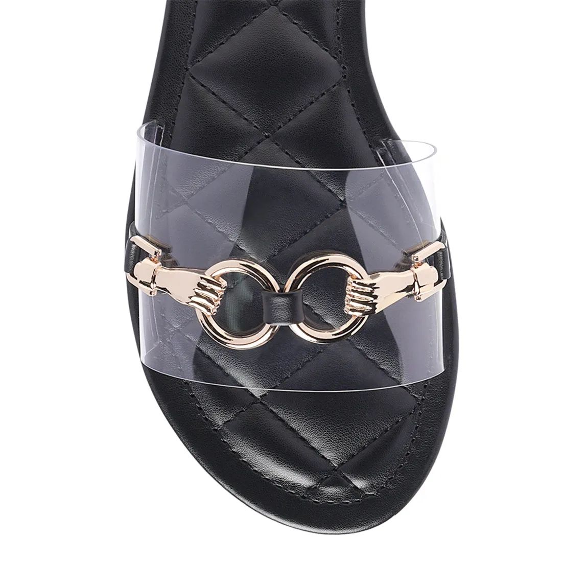 Transparent Buckled Quilted Slides in Black