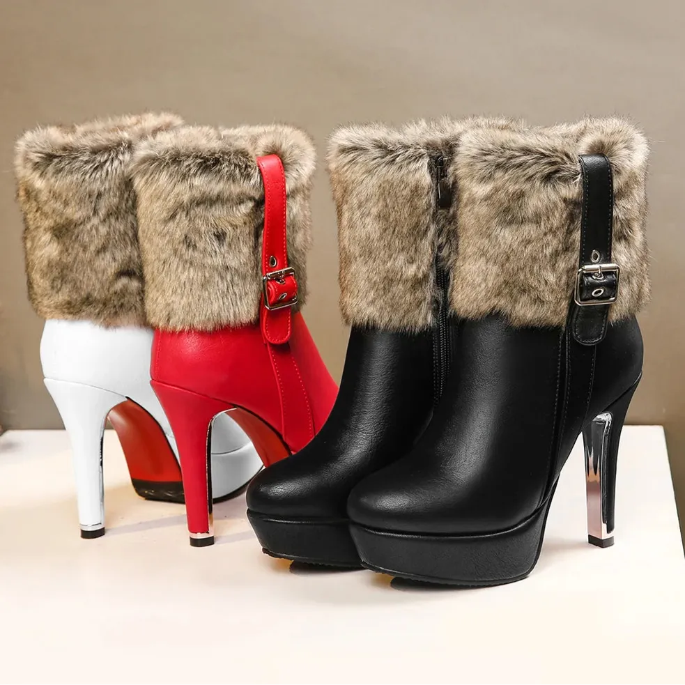 Women’s Fur Lined Christmas High Heel Platform Ankle Boots