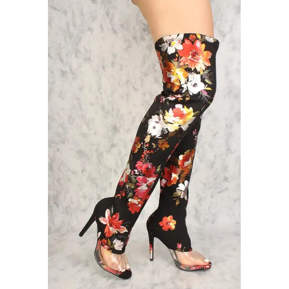 Women's Size 6 Black Floral Clear Peep Toe Over the Knee High Heel Boots Lycra