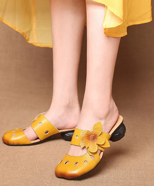 Yellow Splicing Floral Cowhide Leather Chunky Slide Sandals